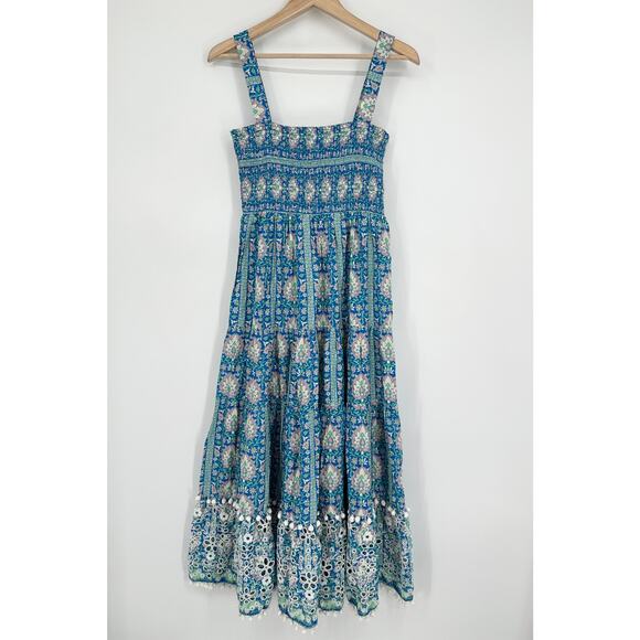 ZARA Long Printed Dress Floral Embroidered Square Neck Smocked Ruffle Maxi, Blue - Picture 9 of 16